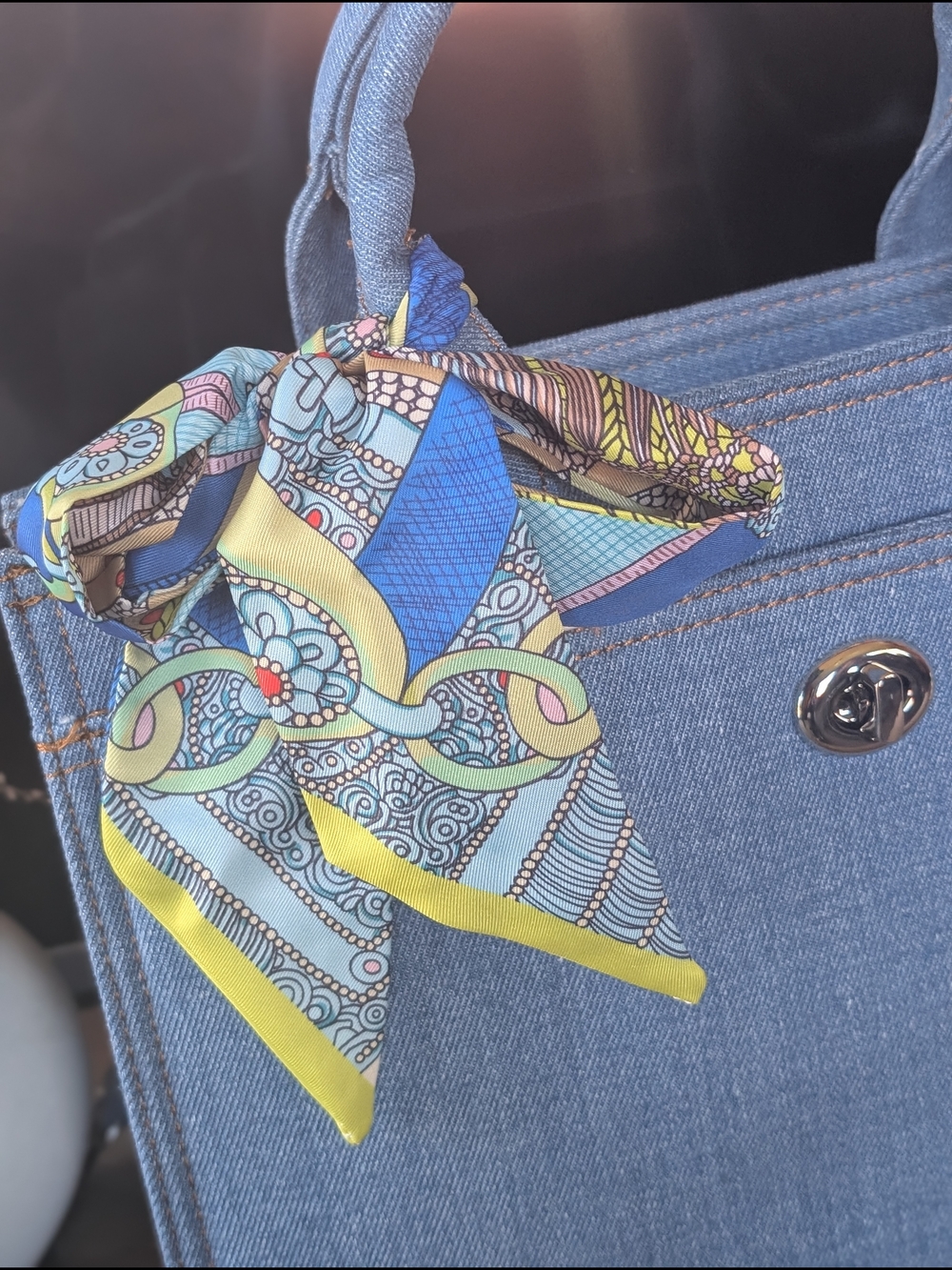 Structured Denim Satchel with Scarf Accent - Blue
